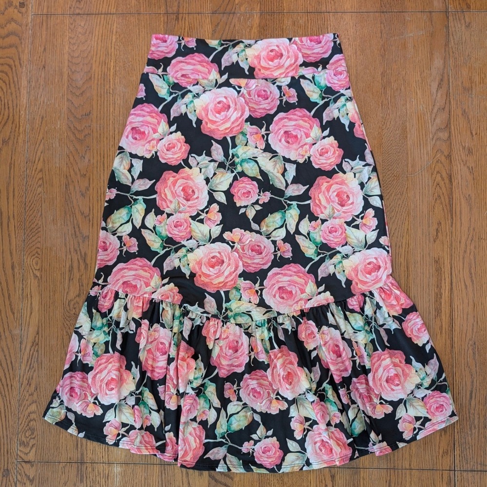 Agnes & Dora Floral Rose Print Ruffle Hem Midi Skirt Black Pink Boho Size L